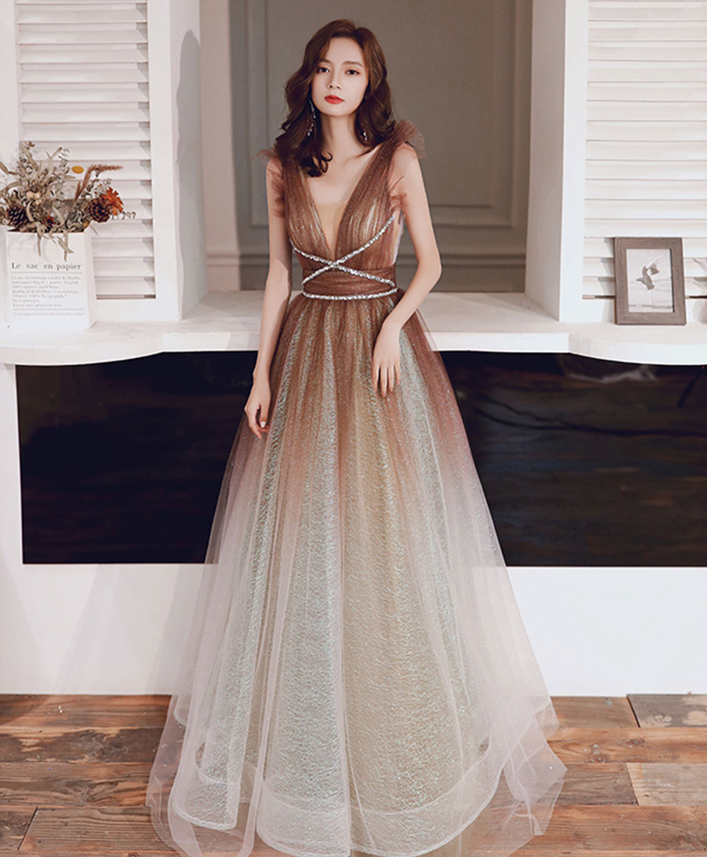 Cute A-Line Tulle Sequin Long Prom Dress Tulle Formal Dress