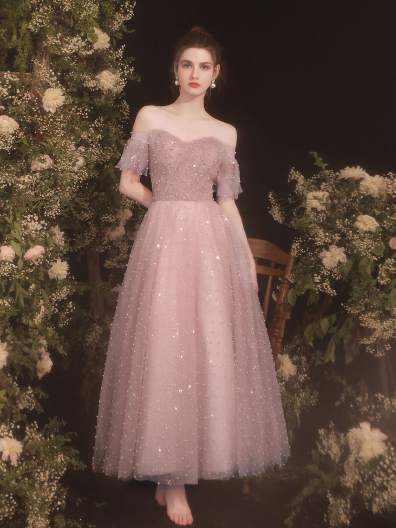 Pink Sweetheart Tulle Tea Length Prom Dress, Pink Formal Dress