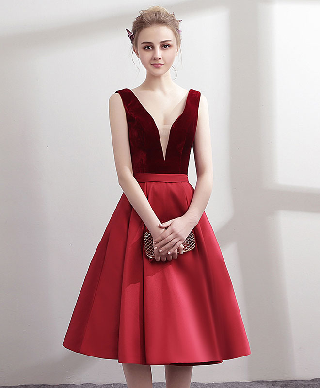 Simple V Neck Burgundy Satin Short Prom Dress, Burgundy Homecoming Dress