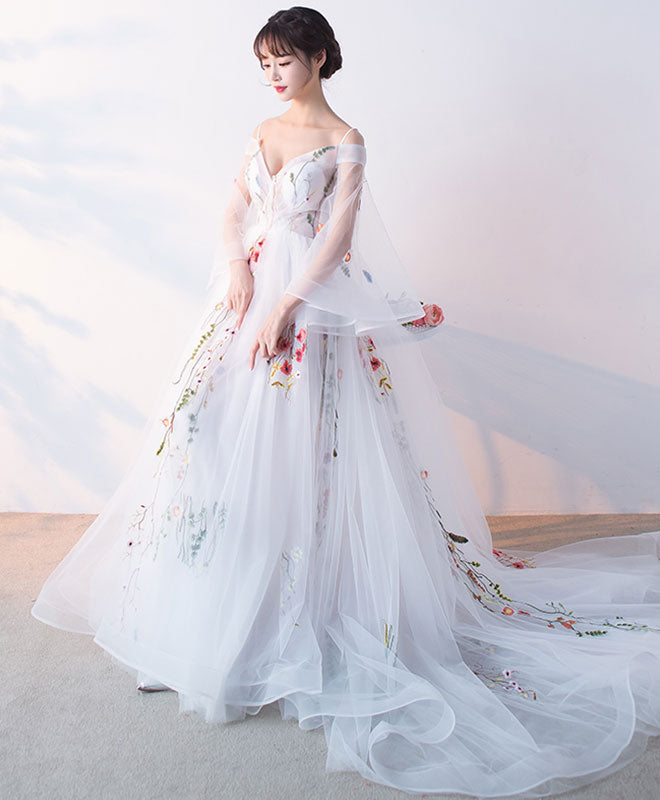 White Tulle Applique Long Prom Dress, White Evening Dress – shopluu