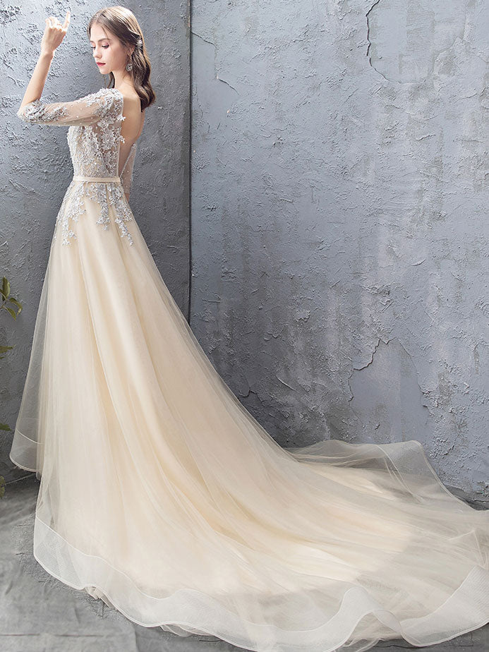 Champagne Round Neck Tulle Lace Long Prom Dress Lace Evening Dress US 10 / Custom Color Champagne Round Neck Tulle Lace Long Prom Dress Lace Evening Dress US 10 / Custom Color