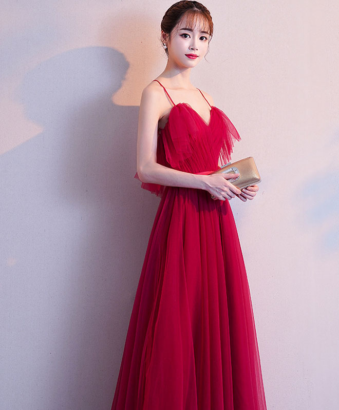 Simple Burgundy Tulle Long Prom Dress, Burgundy Evening Dress