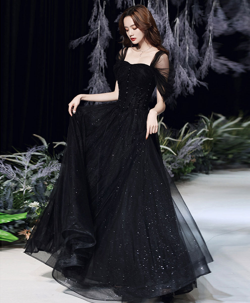 Black Tulle Off Shoulder Long Prom Dress, Black Formal Graduation