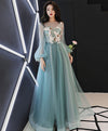 Green Tulle Lace Applique Long Prom Dress, Green Evening Dress