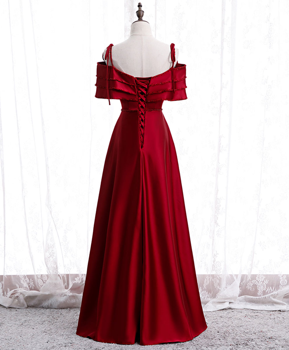 Burgundy Satin Beads Long Prom Dress Burgundy Evening Dress