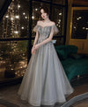 Gray Sweetheart Tulle Lace Long Prom Dress, Gray A line Formal Graduation Dress