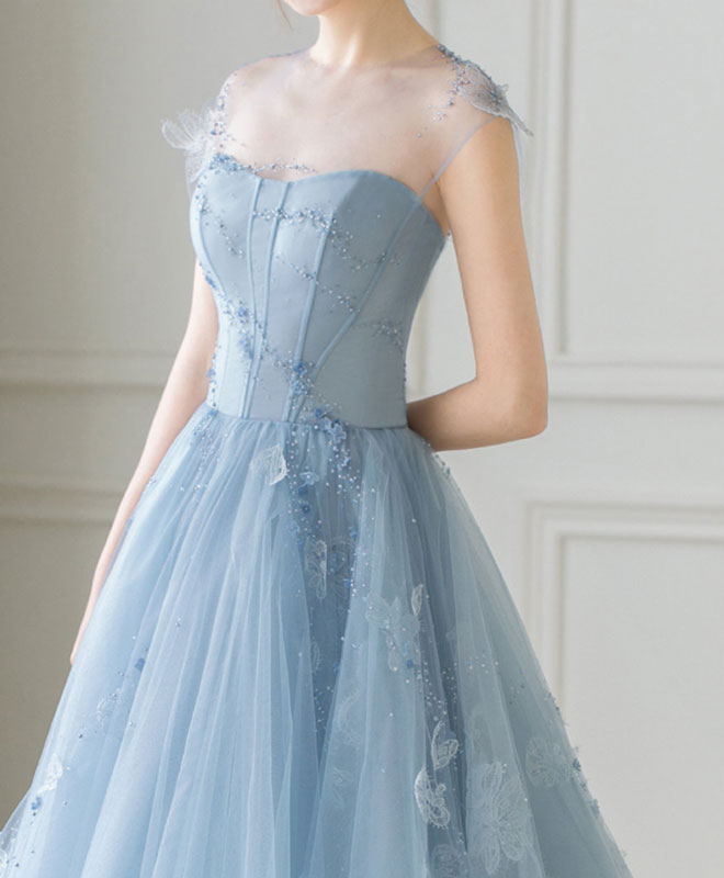 Blue Tulle Short Prom Dress, Blue Homecoming Dress with Lace Beading