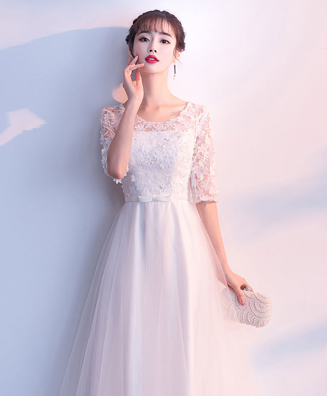 White Tulle Lace Long Prom Dress, White Tulle Lace Evening Dress