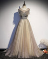 Champagne Round Neck Sequin Long Prom Dress Tulle Formal Dress