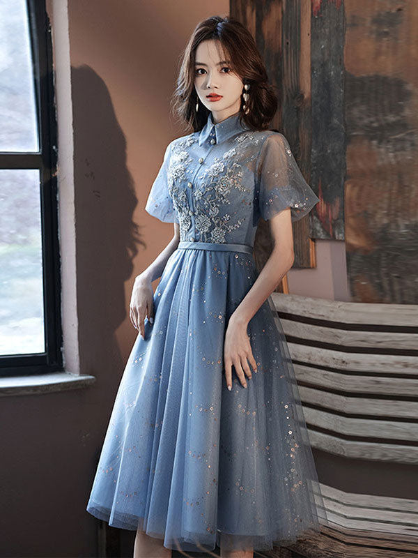 Blue Tulle Lace Short Prom Dress, Blue Tulle Puffy Homecoming Dress