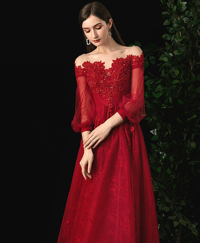 Burgundy Round Neck Tulle Lace Prom Dress, Burgundy Evening Dress