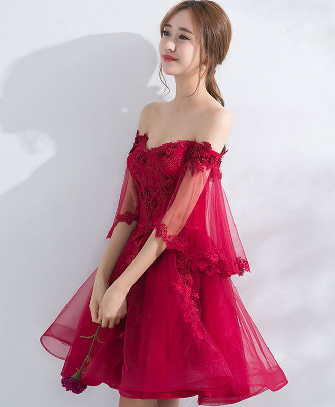 Burgundy Off Shoulder Tulle Lace Short Prom Dress, Burgundy Homecoming Dress