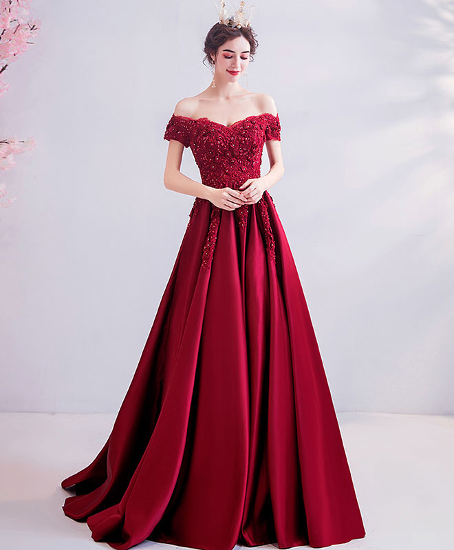 Burgundy Off Shoulder Lace Satin Long Prom Dress Burgundy Evening Dress