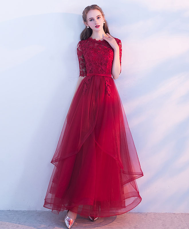 Burgundy Tulle Lace Long Prom Dress, Burgundy Tulle Evening Dress