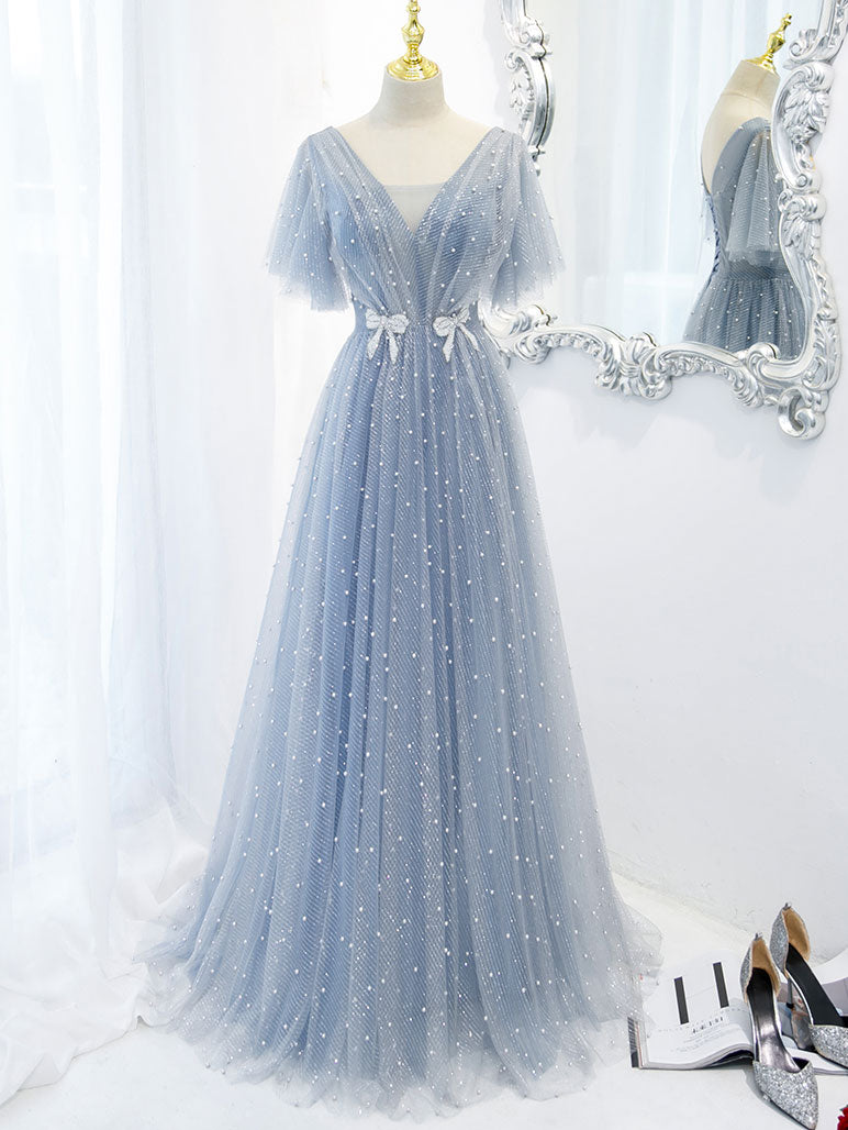Blue V Neck Tulle Beads Long Prom Dress, Blue Tulle Formal Dress