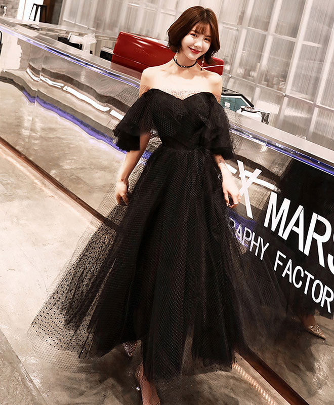 Black Tulle Tea Length Prom Dress, Black Evening Dress