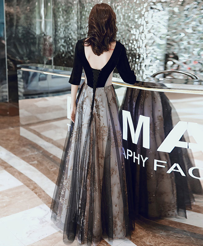 Black Round Neck Tulle Long Prom Dress Black Evening Dress