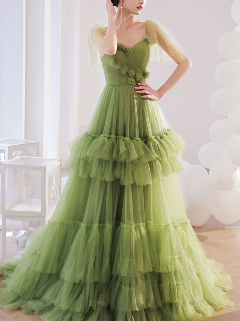 Green V Neck Tulle Long Prom Dress, Green Tulle Formal Dresses