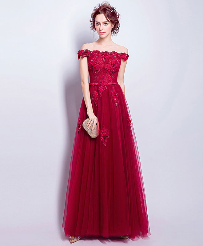 Burgundy Tulle Lace Applique Long Prom Dress, Burgundy Bridesmaid Dress