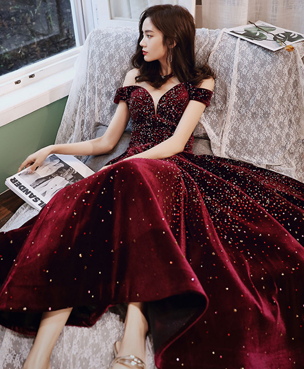 Aline Velvet Sequin Tea Length Burgundy Prom Dress, Burgundy Homecoming Dress US 16 / Burgundy