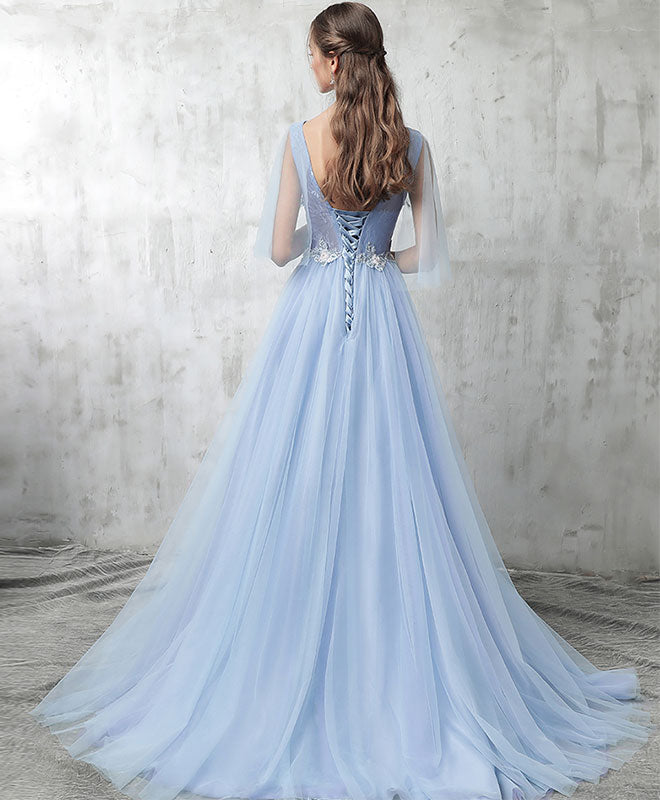 Blue V Neck Tulle Lace Applique Long Prom Dress, Blue Evening Dress