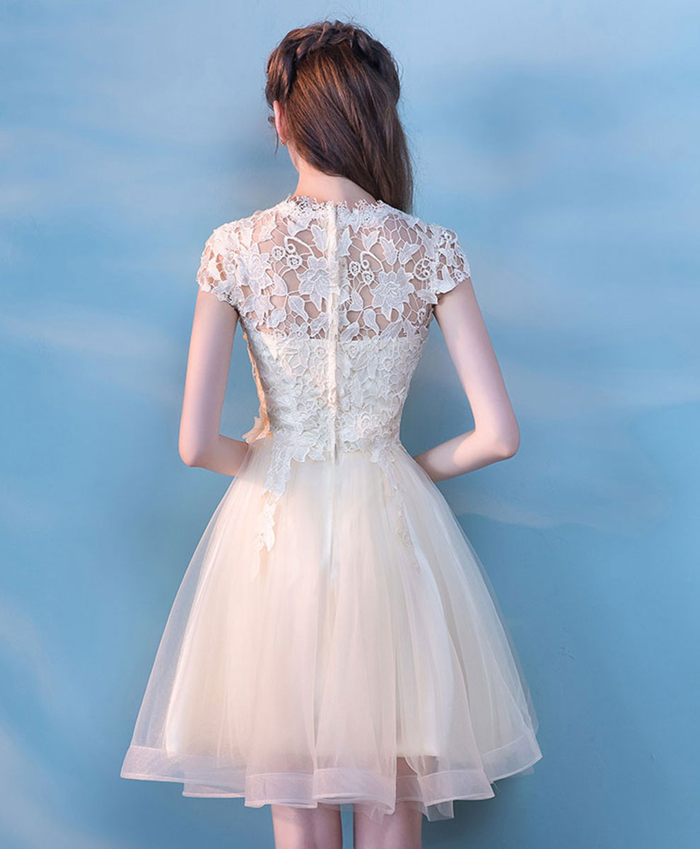 Champagne Tulle Lace Short Prom Dress, Champagne Tulle Homecoming Dress