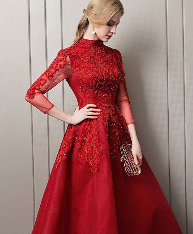 Burgundy Lace Long Prom Dress, Burgundy Evening Dress