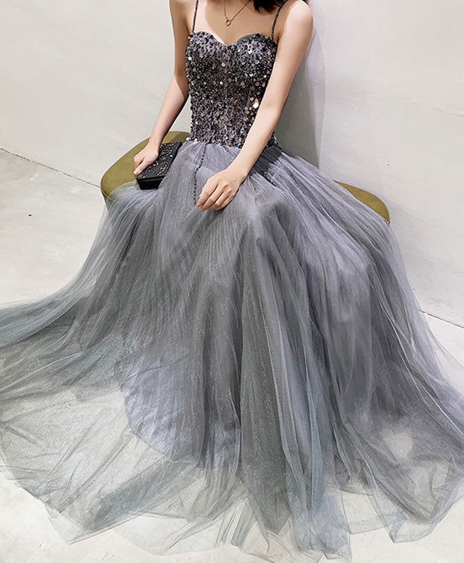 Gray Tulle Sequin Long Prom Dress Gray Tulle Formal Dress