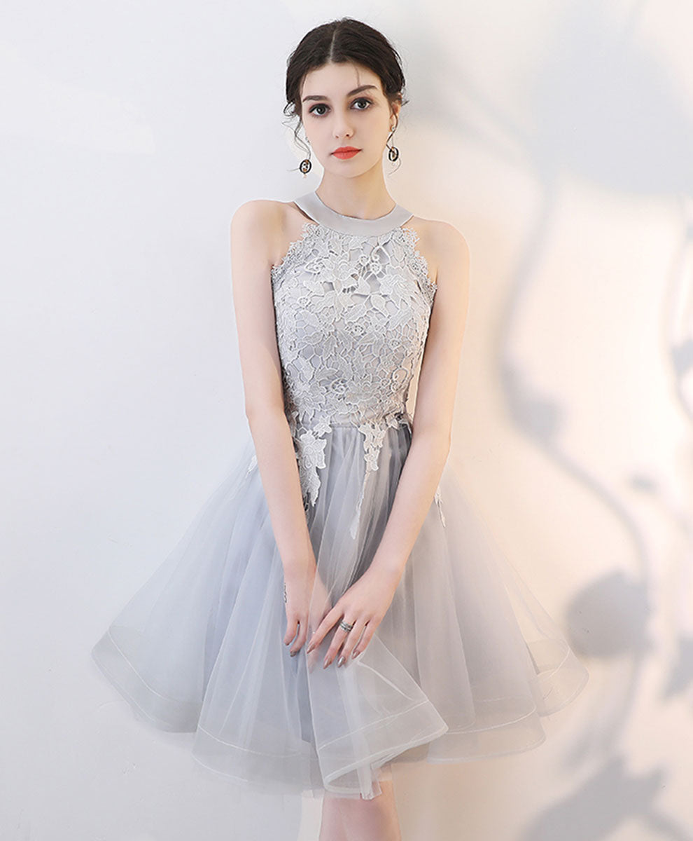 Gray Lace Tulle Short Prom Dress Gray Tulle Lace Homecoming Dress