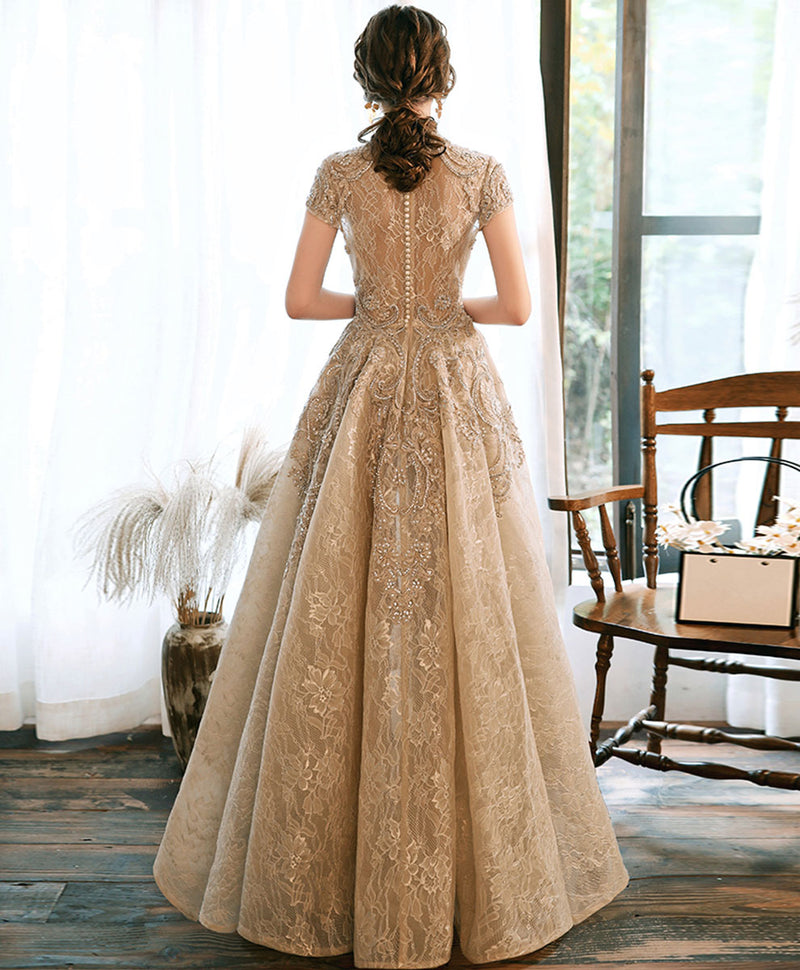 Champagne High Neck Lace Prom Dress, Champagne Lace Formal Dress