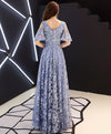 Blue V Neck Lace Long Prom Dress, Blue Evening Dress