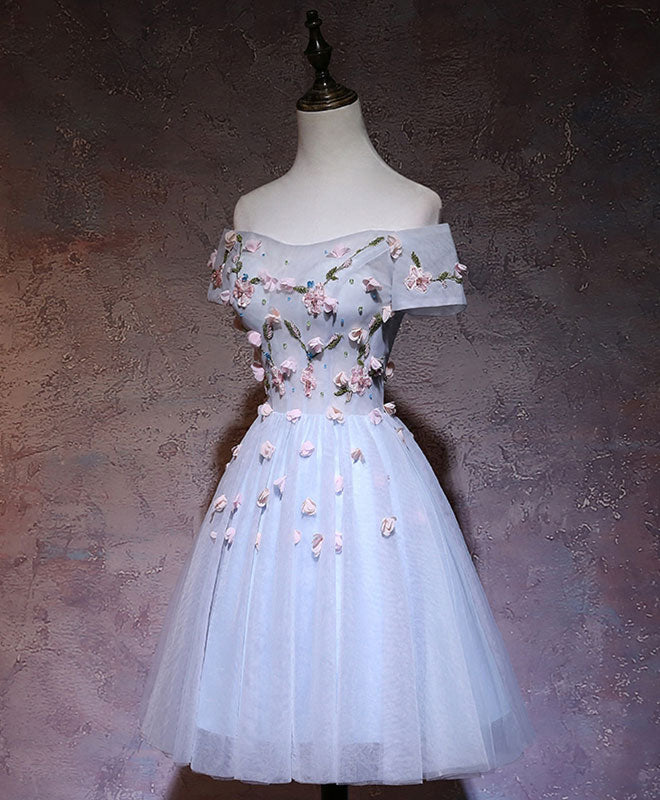 Cute Gray Blue Tulle Short Prom Dress, Gray Blue Homecoming Dress