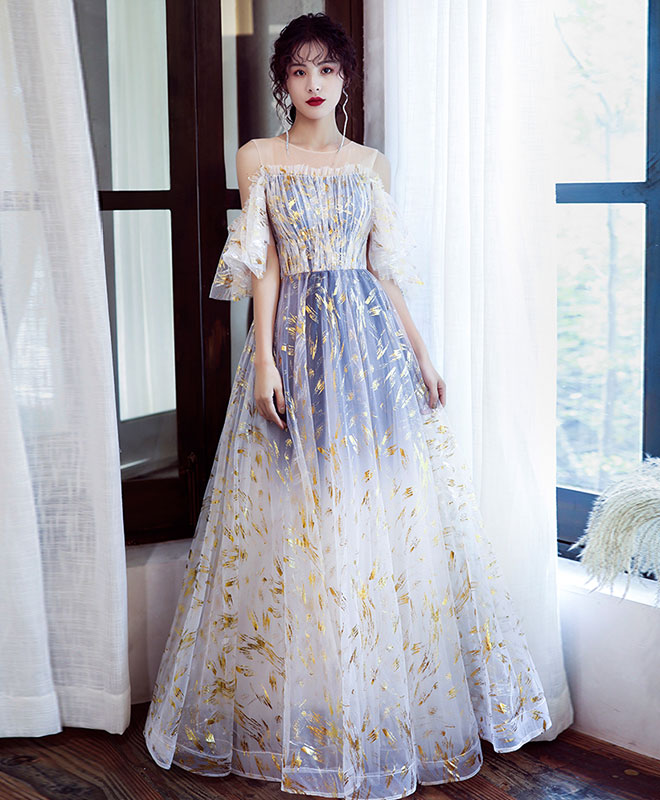A-Line Tulle Off Lace Long Prom Dress Tulle Formal Dress