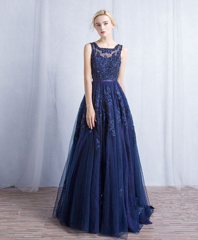 Dark Blue Round Neck Tulle Lace Applique Long Prom Dress