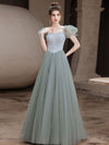 Simple Gray Green Tulle Long Prom Dress, Gray Green Evening Dress