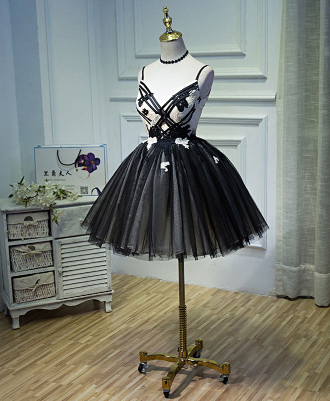 A-Line Black Tulle Short Prom Dress, Black Homecoming Dresses