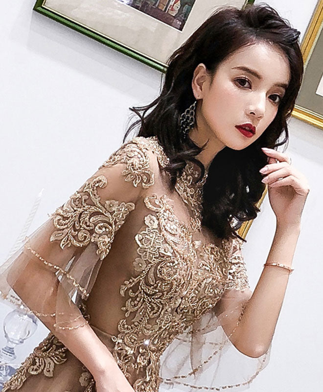 Champagne High Neck Tulle Lace Long Prom Dress, Champagne Evening Dress