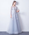 Gray Blue Cute Round Neck Lace Applique Tulle Long Prom Dress, Evening Dress
