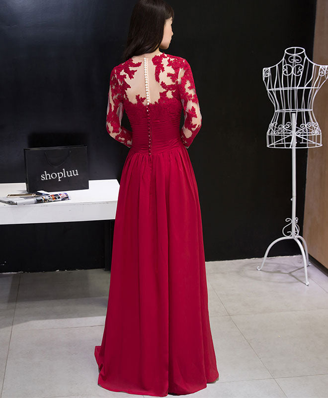 Burgundy Chiffon Lace Long Prom Dress, Bridesmaid Dress