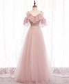 Pink v neck tulle lace long prom dress pink bridesmaid dress