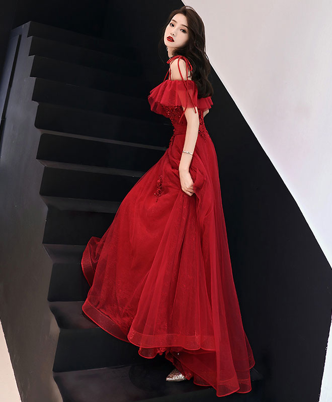 Red Tulle Lace Long Prom Dress Red Lace Formal Party Dress