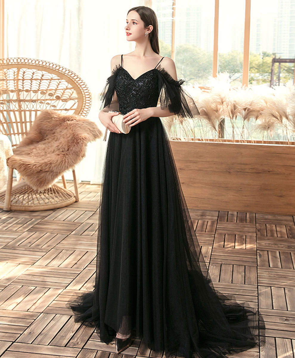 Black V Neck Tulle Lace Long Prom Dress Black Evening Dress
