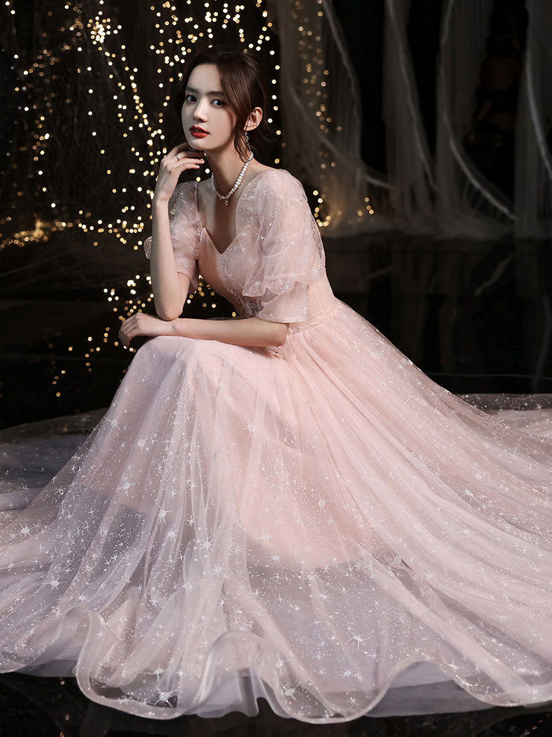 Pink Tulle Long Prom Dress, Pink Tulle Evening Dress