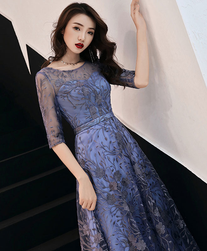 Blue Round Neck Tulle Lace Long Prom Dress, Lace Evening Dress