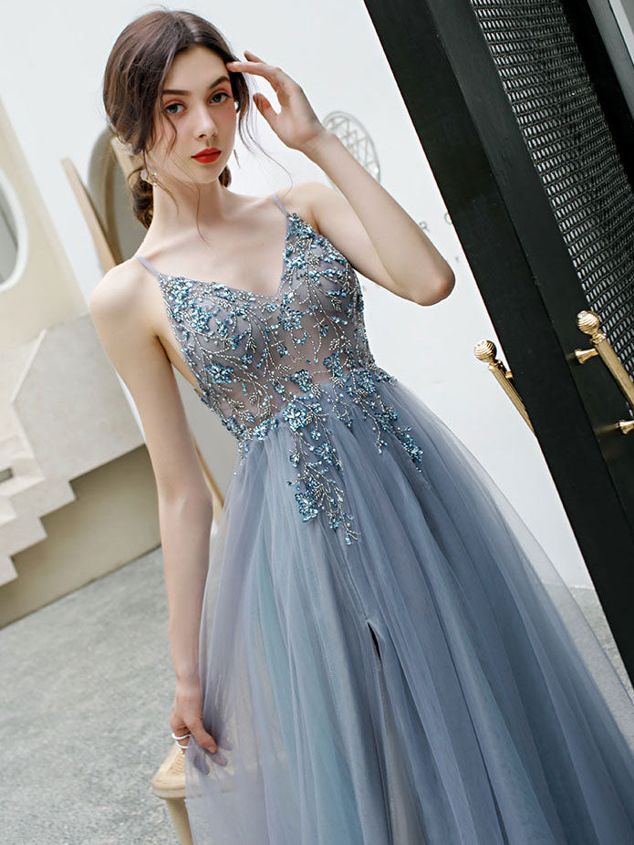 Gray blue v neck tulle beads long prom dress, Gray tulle formal dress US 2 / Custom Color