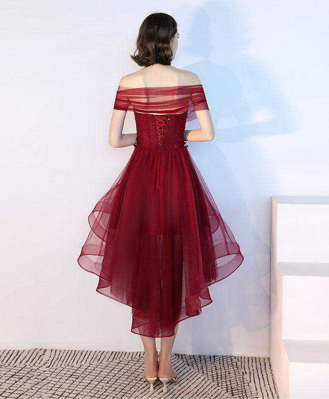 Burgundy Tulle Lace Short Prom Dress, Burgundy Tulle Evening Dress