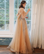 Champagne Tulle Sequin Long Prom Dress Tulle Formal Dress