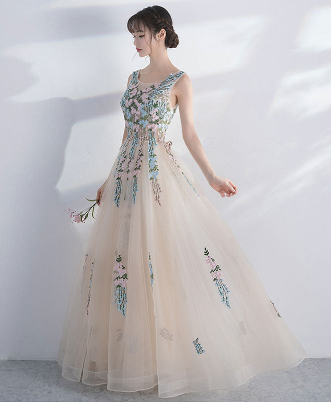 Champagne Round Neck Tulle Lace Long Prom Dress, Evening Dress