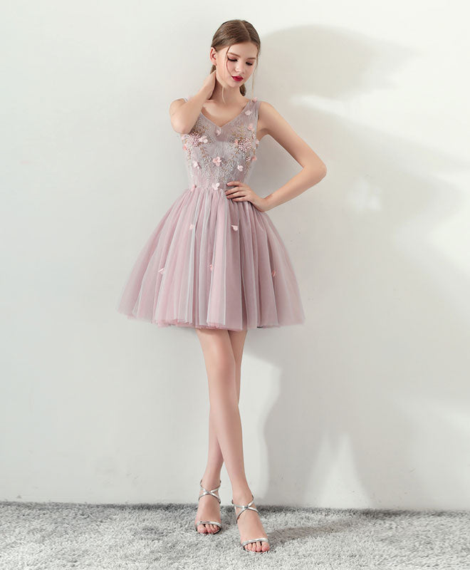 Cute V Neck Tulle Short Prom Dress, Pink Homecoming Dress