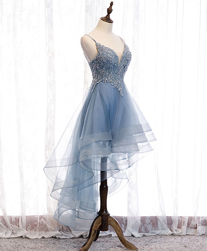Blue Sweetheart Tulle Lace High Low Prom Dress, Blue Homecoming Dress